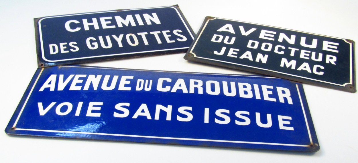 Appraisal: Three French enamel street signs to include an Avenue Du