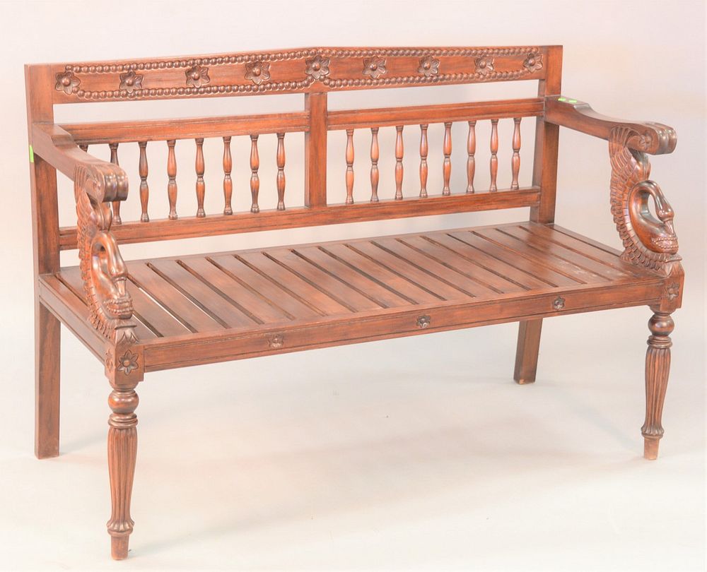 Appraisal: Teak bench with swan arm supports ht wd Teak bench