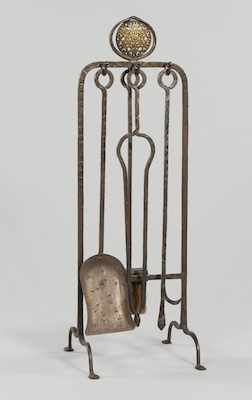 Appraisal: An Arts and Crafts Wrought Iron Fireplace Set Wrought iron