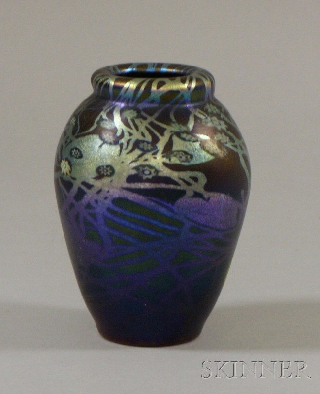 Appraisal: Small Tiffany-style Favrile and Millefiore Floral Decorated Art Glass Vase