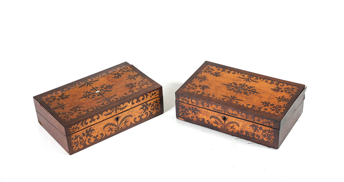 Appraisal: PAIR VICTORIAN INLAID LAP DESKS Matched pair with floral and