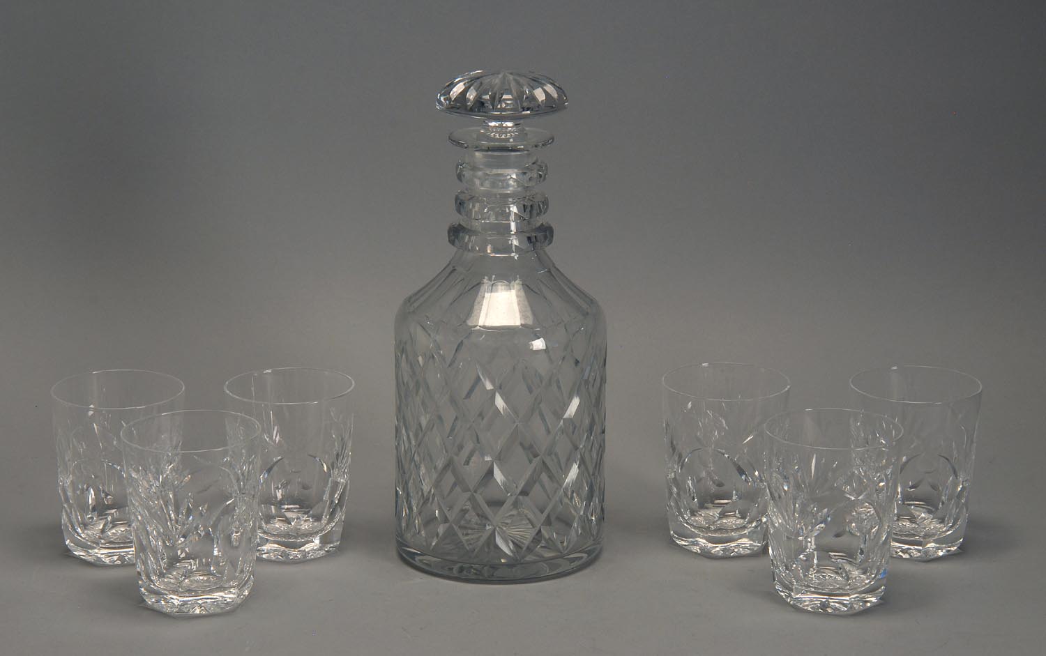 Appraisal: SIX SIGNED WATERFORD JUICE GLASSES together with a Waterford-style decanter