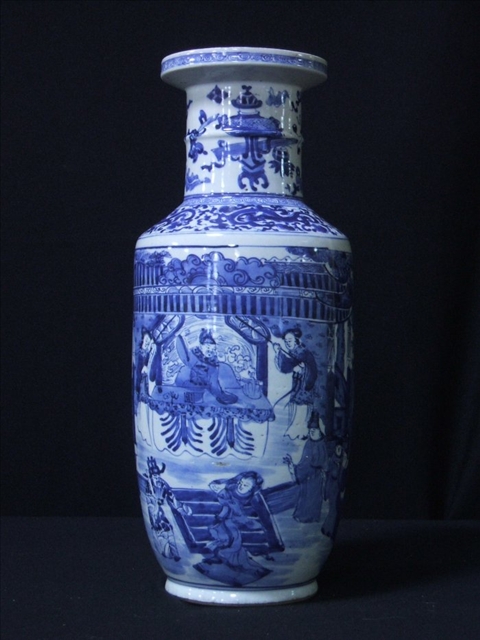 Appraisal: CHINESE BLUE WHITE ROULEAU VASE Decorated with figures in interior