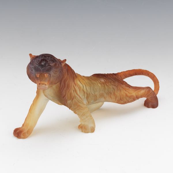 Appraisal: DAUM FRANCE AMBER GLASS TIGER x Daum pate-de-verre amber glass