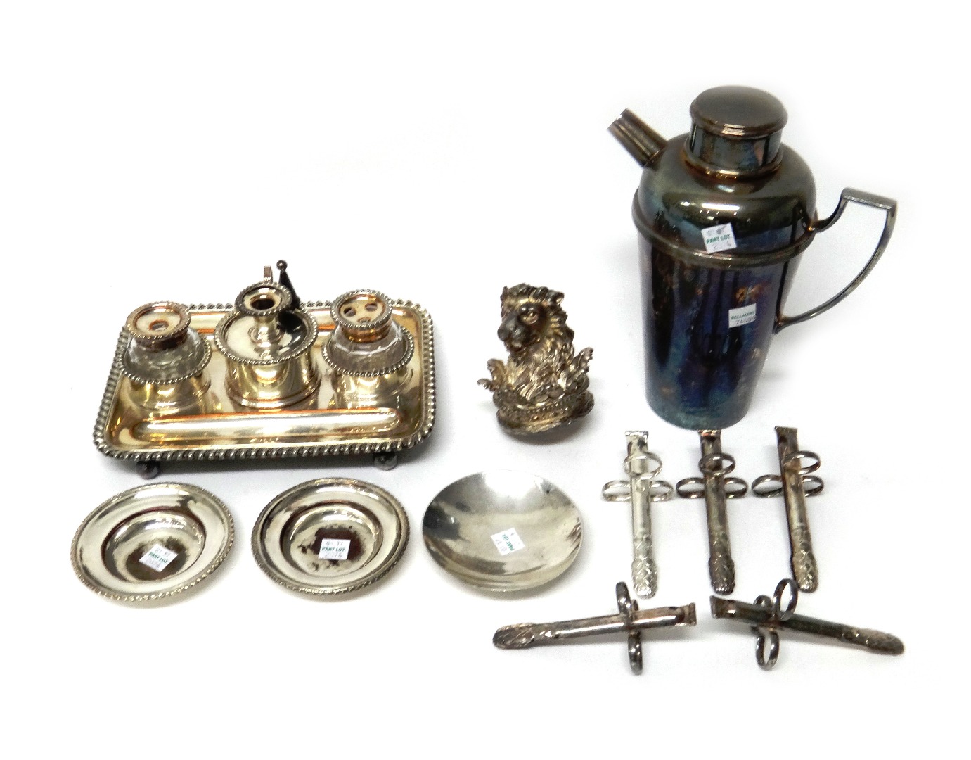 Appraisal: Plated wares comprising a rectangular inkstand with two glass bottles