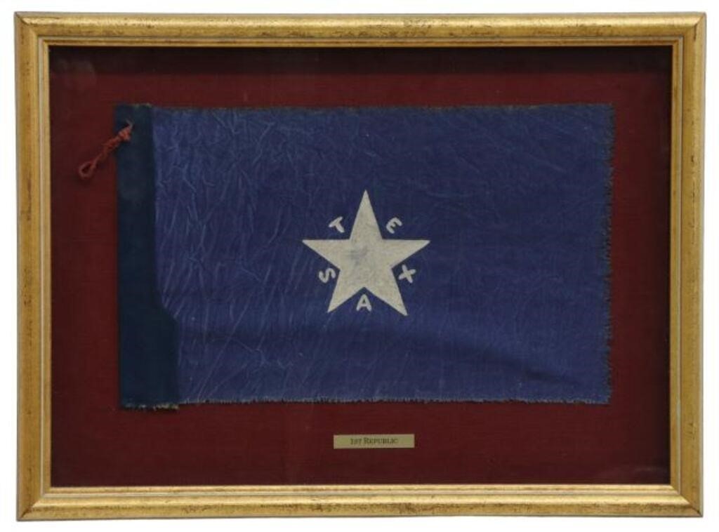 Appraisal: Shadowbox framed replica of the first flag of the Republic