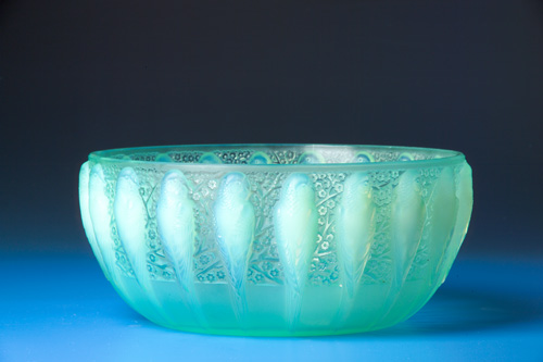 Appraisal: R LALIQUE Bowl Perruches opalescent mint green ca Stenciled R