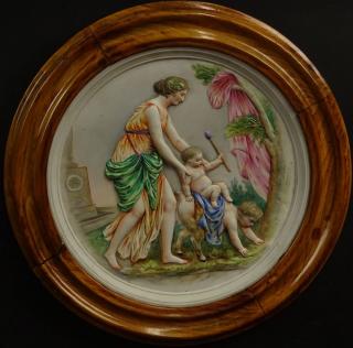 Appraisal: Vintage Hand Decorated Bisque Relief Plaque Mythological Scene With Infant