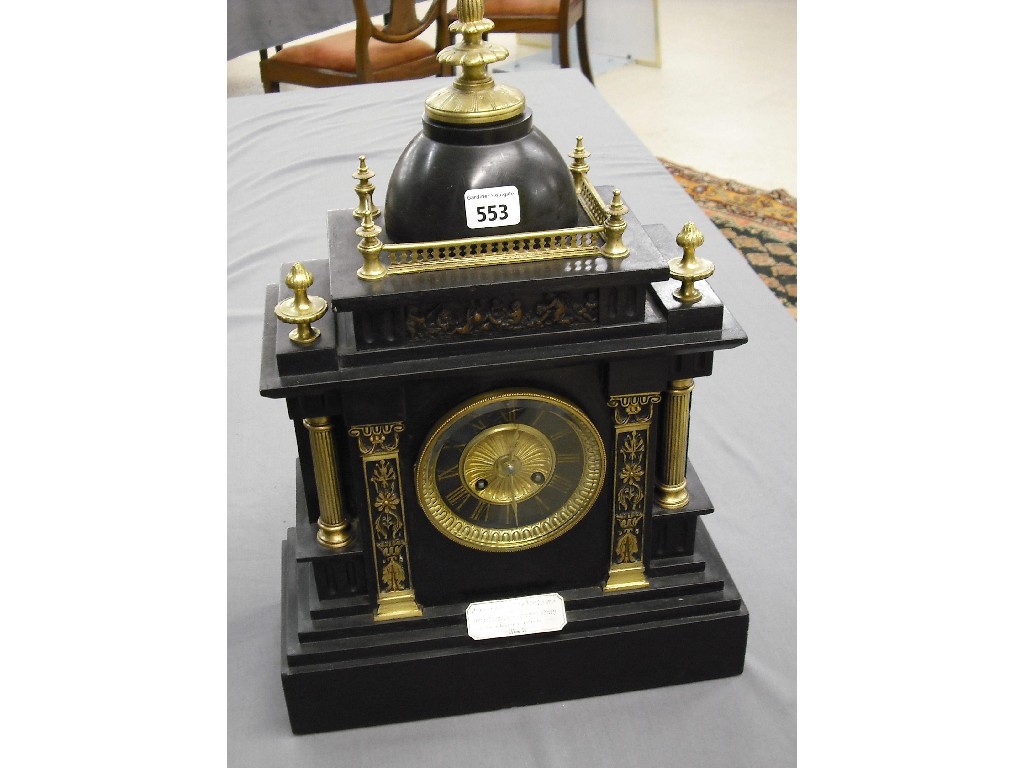 Appraisal: Black slate and gilded metal two train mantel clock the