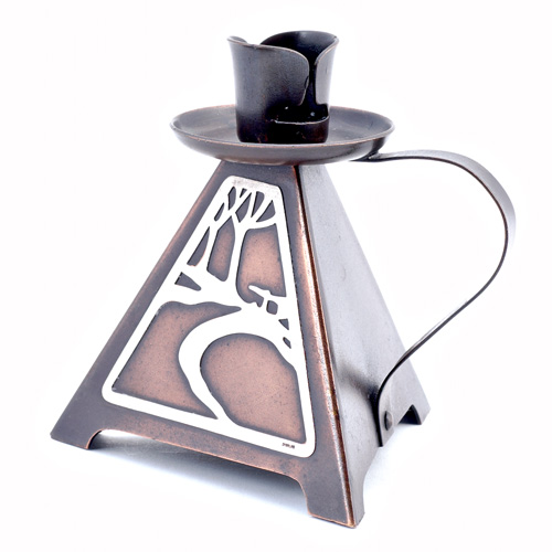 Appraisal: HEINTZ Sterling-on-Bronze triangular candlestick overlaid with a stylized landscape on