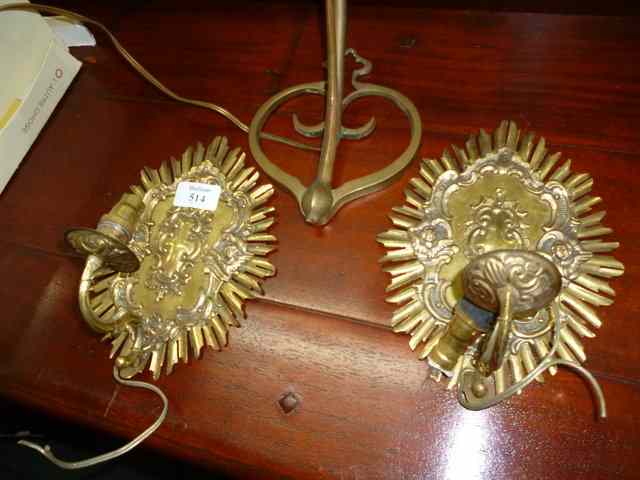 Appraisal: AN PAIR OF CONTINENTAL BRASS SINGLE BRANCH WALL LIGHTS with