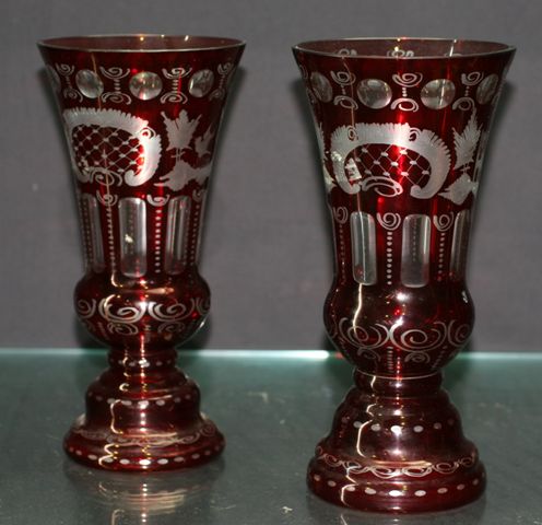 Appraisal: Pair of Bohemian glass tulip shaped vases in ruby flashed