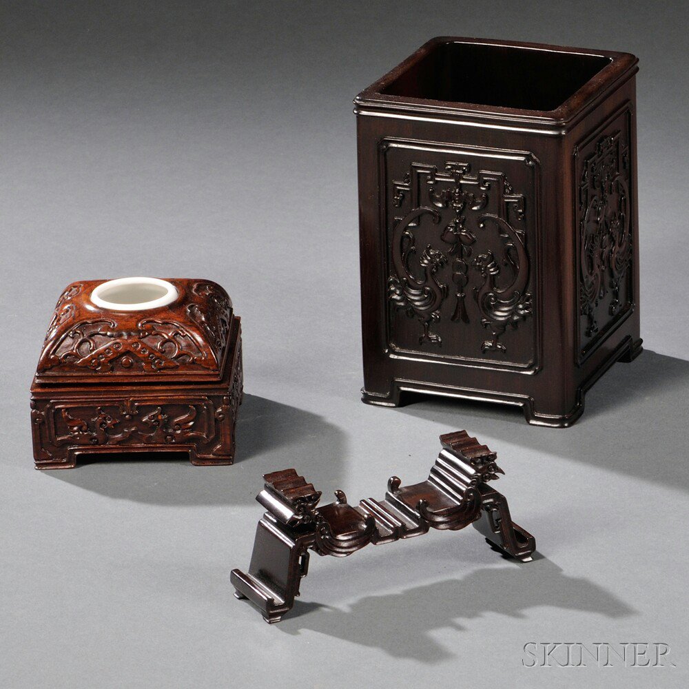 Appraisal: Three Wooden Desk Objects China th century hardwood and porcelain