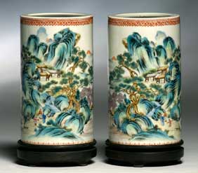 Appraisal: PAIR EARLY REPUBLIC BRUSHPOTS Pair Chinese Early Republic Period porcelain