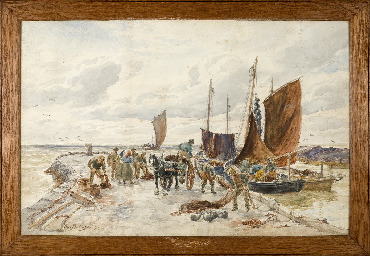 Appraisal: ALEXANDER BALLINGALL SCOTTISH ACT - FISHERMEN UNLOADING THEIR NETS Watercolor