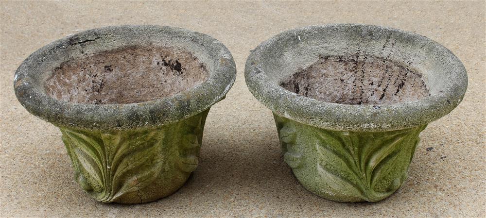 Appraisal: PAIR OF LARGE ROUND CONCRETE PLANTERS WITH LEAF PATTERN circular