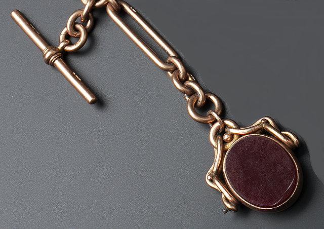 Appraisal: A CT GOLD ALBERT CHAIN WITH HARDSTONE FOB composed of