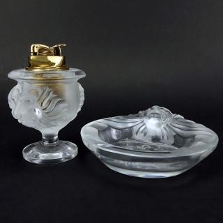 Appraisal: Two Piece Lalique Tete De Lion Crystal Smoking Set Two