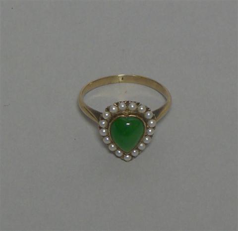 Appraisal: FINE GREEN JADE AND PEARL LADY'S RING The teardrop-shaped stone