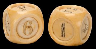 Appraisal: Pair of Scrimshawed Ivory Dice American ca A few very