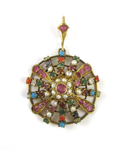 Appraisal: MULTI-COLOR GEMSTONE PENDANT k yellow gold with gemstones including ruby