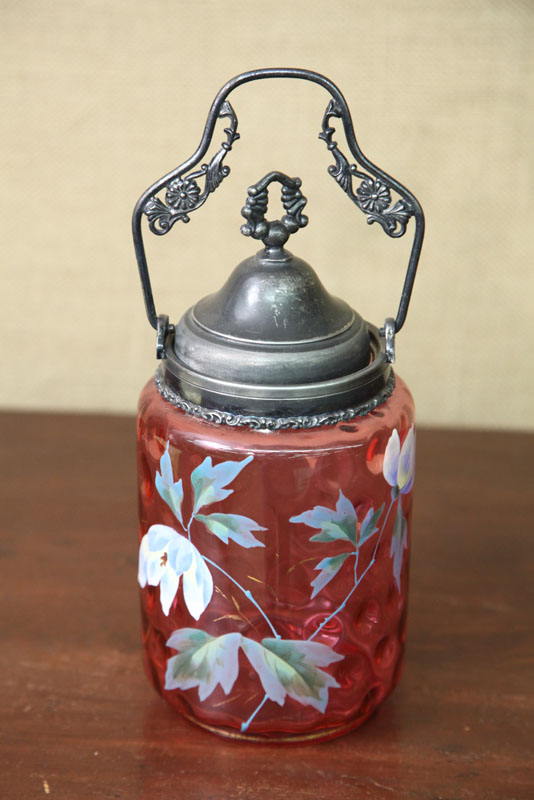 Appraisal: BISCUIT JAR Cranberry coin spot glass with polychrome floral decoration