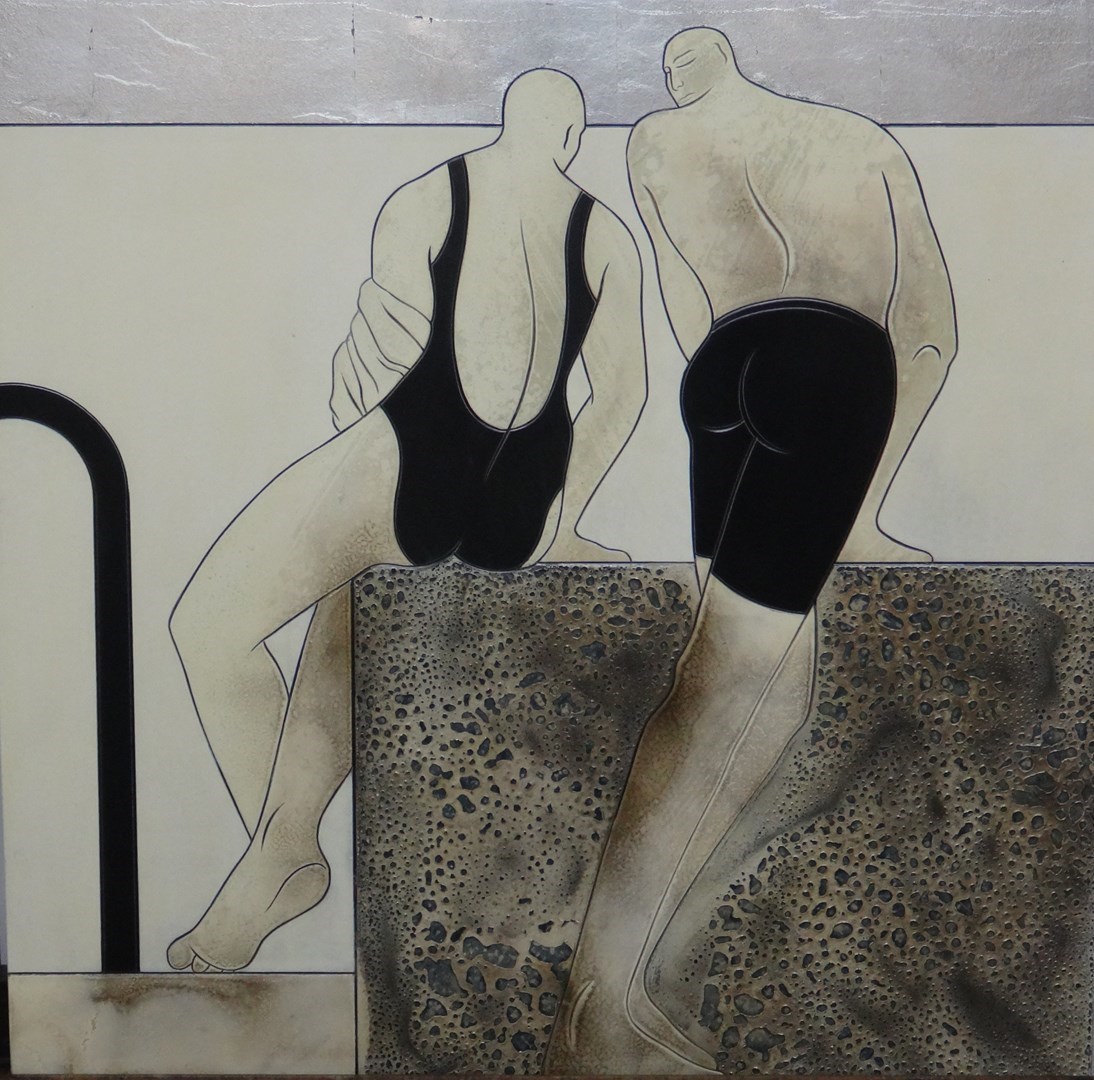 Appraisal: Bev Houlding b Poolside mixed media on incised panel signed