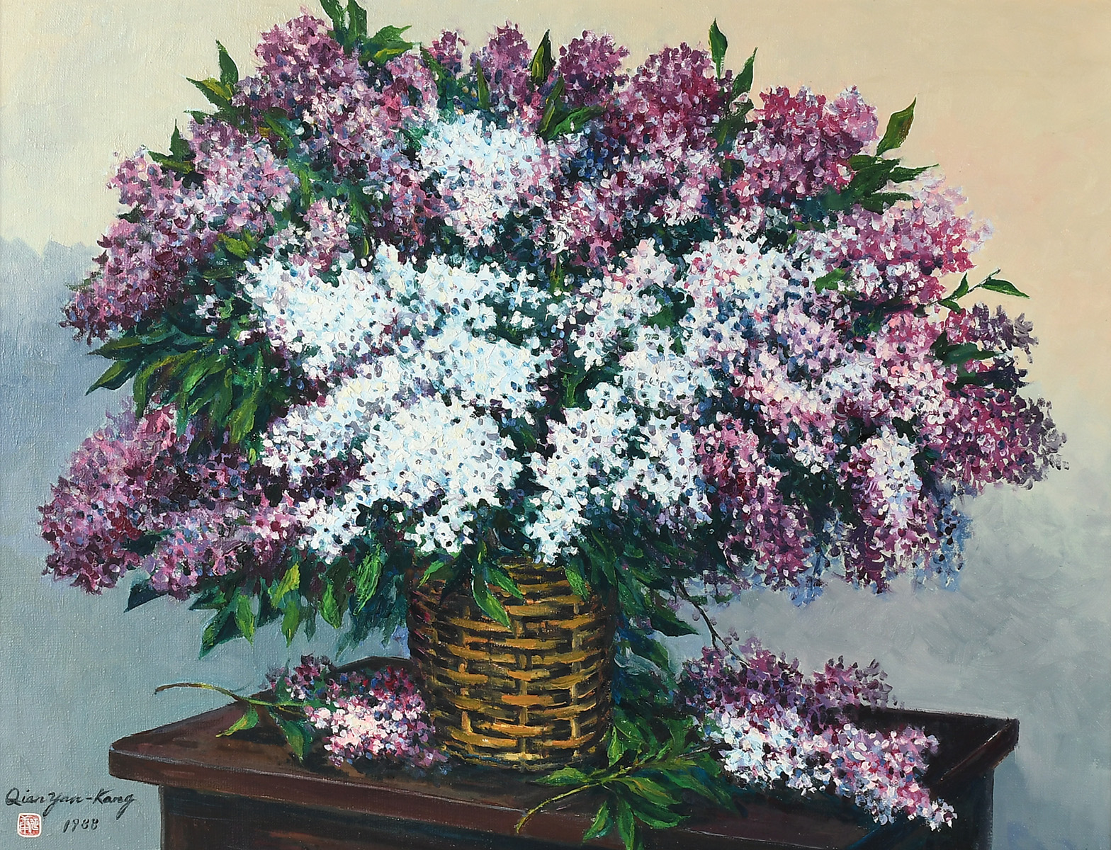 Appraisal: QIAN Yan-Kang Chinese th Century Lilacs Still Life Painting Oil