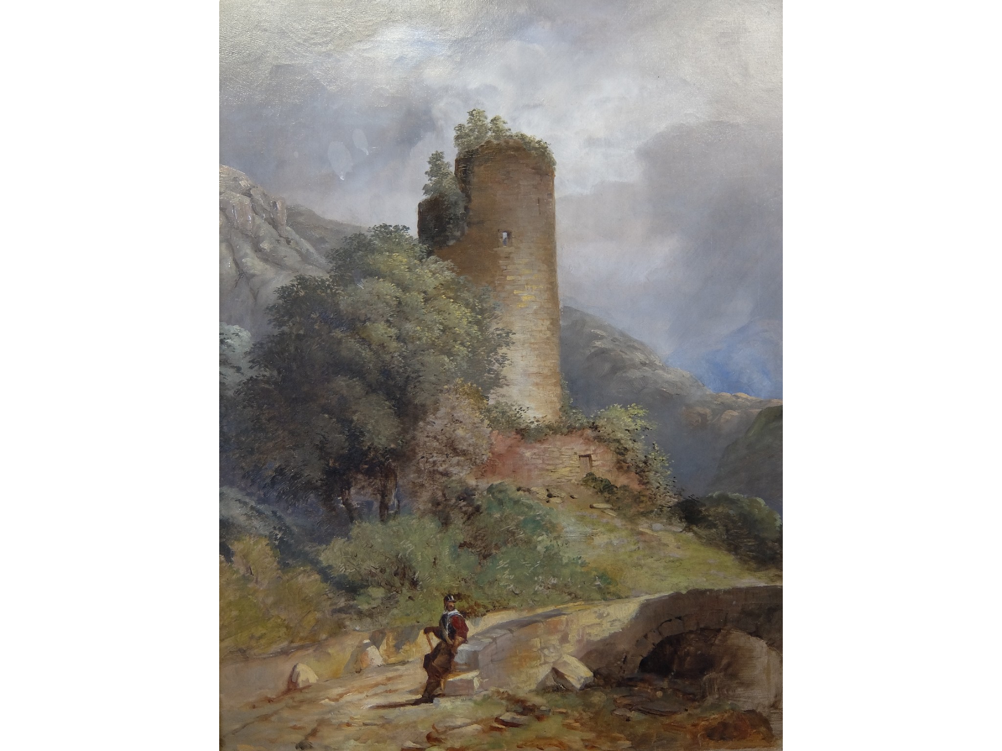 Appraisal: SCOTTISH SCHOOL th Century SOLDIER BY A TOWER RUINOil on