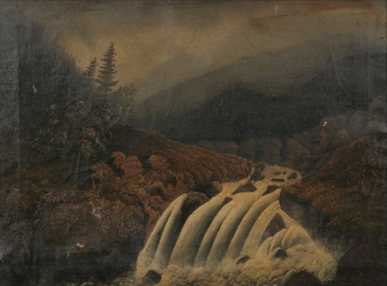 Appraisal: AMERICAN SCHOOL th century MOUNTAINOUS LANDSCAPE WITH WATERFALL IN FOREGROUND