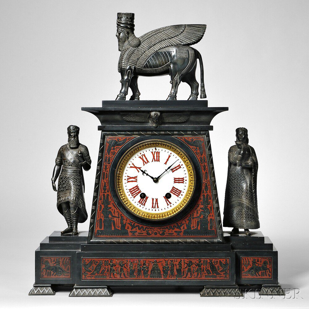 Appraisal: Large Black Marble and Bronze Egyptian Revival Shelf Clock France