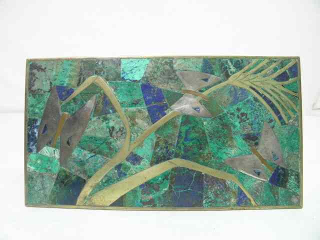 Appraisal: Silver plated stone inlay trinket box Green blue stones inlaid