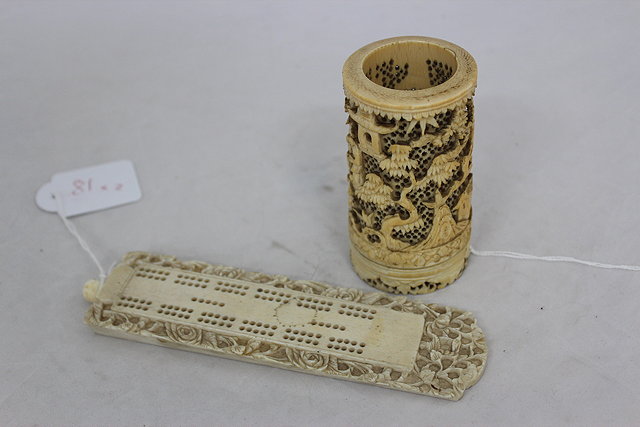 Appraisal: A LATE TH CENTURY CARVED IVORY CYLINDRICAL VASE cm in