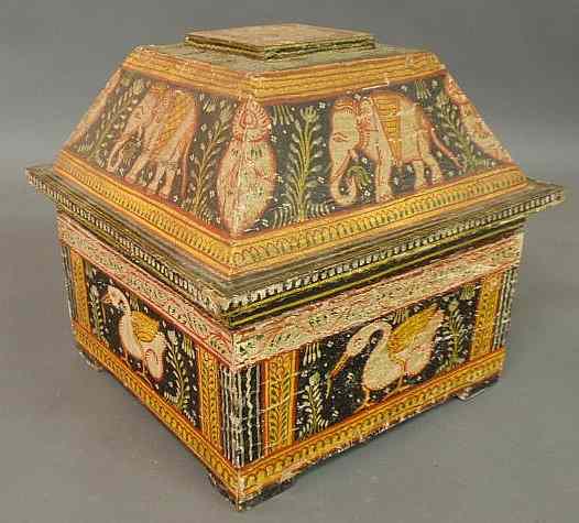 Appraisal: Indian wallpapered box late th c with elephant decoration h