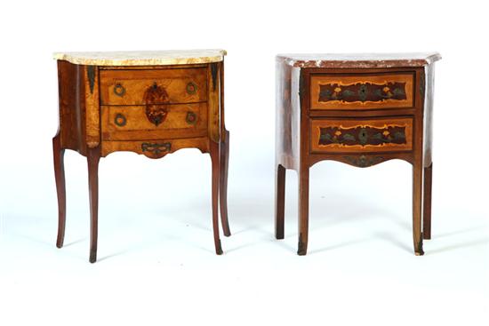 Appraisal: TWO FRENCH-STYLE MARBLE TOP CABINETS American early th century Marquetry