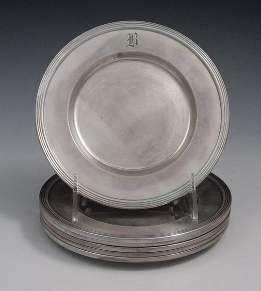 Appraisal: ELLMORE STERLING PLATES '' dia Monogrammed ''B'' Approx troy oz