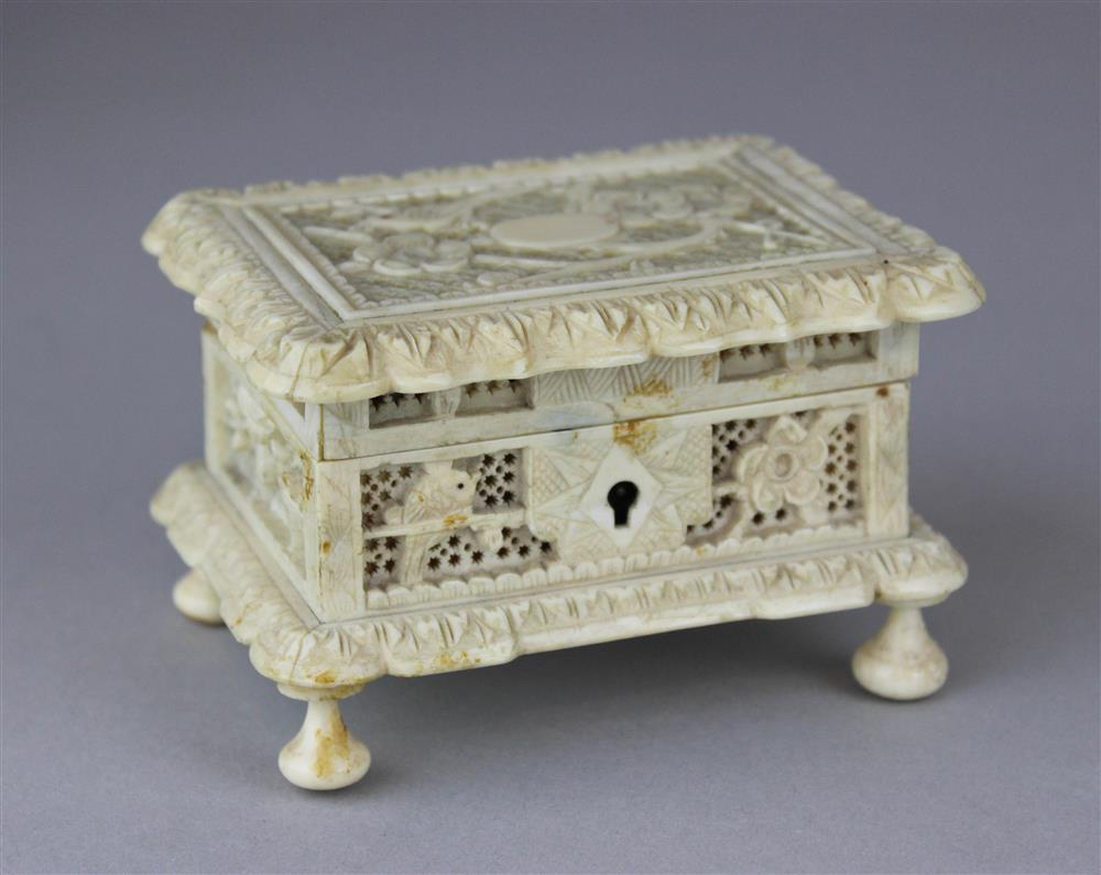 Appraisal: CHINESE EXPORT IVORY CARVED SMALL JEWELRY BOX ca the rectangular