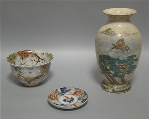 Appraisal: THREE JAPANESE CERAMICS Including a Satsuma vase enamelled with a