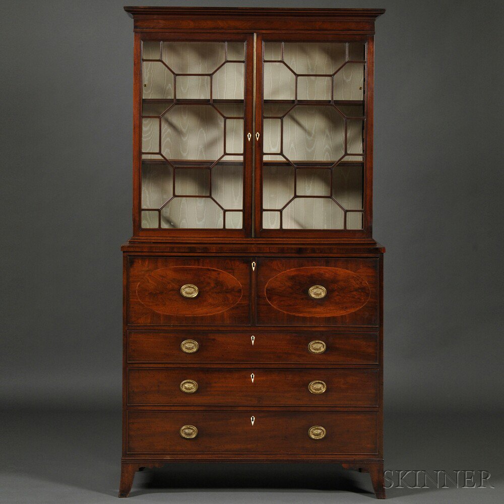 Appraisal: Georgian-style Mahogany Veneer Bureau Bookcase England th century in two