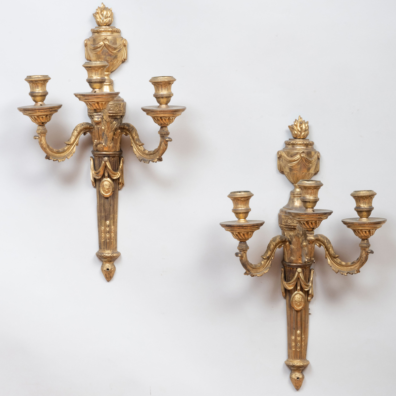 Appraisal: PAIR OF LOUIS XVI STYLE ORMOLU THREE BRANCH WALL LIGHTS