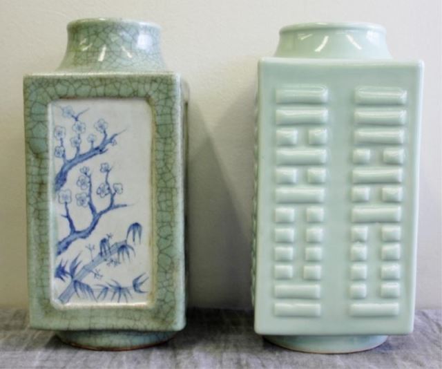 Appraisal: Chinese Celadon Lot Includes a crackle glaze square vase with