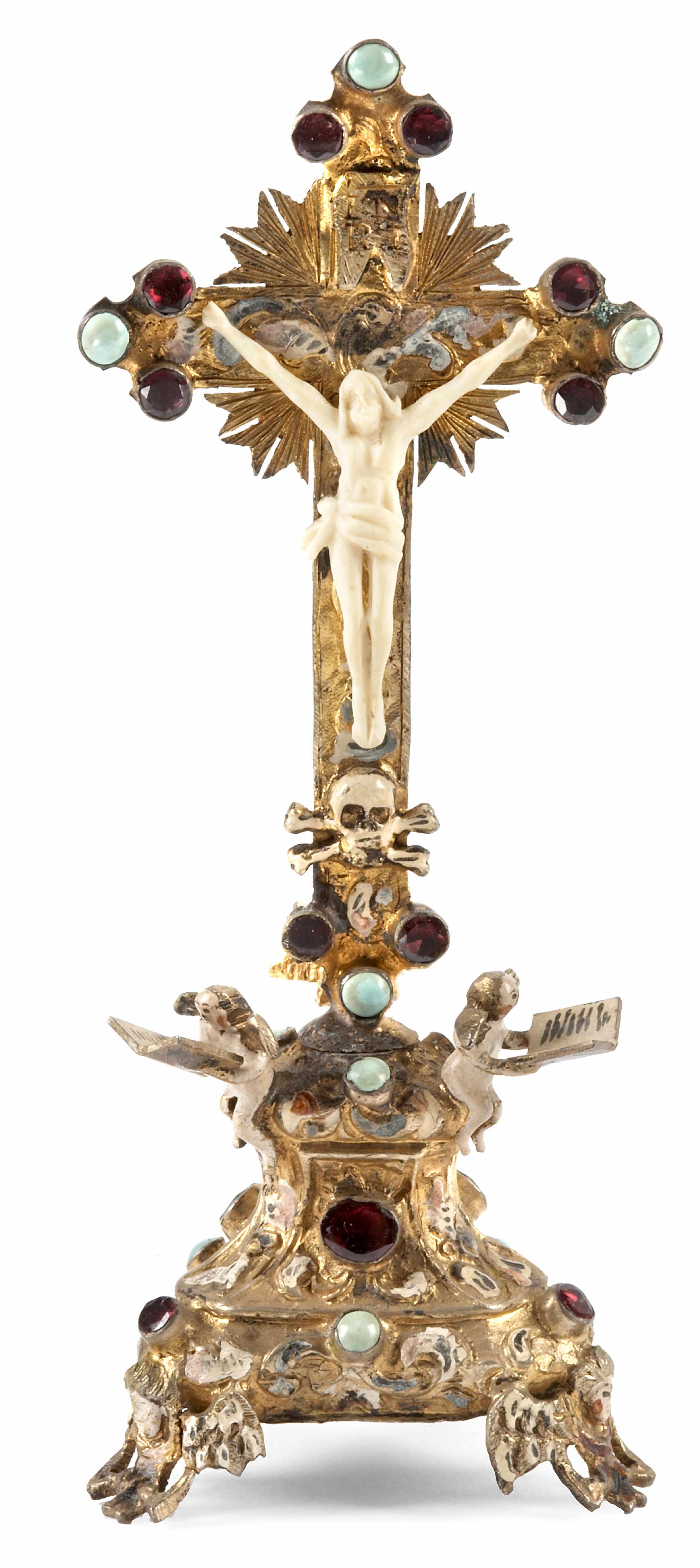 Appraisal: An Austrian silver gilt gem set and ivory crucifix late