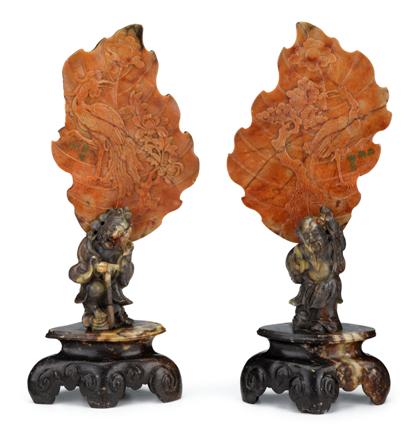 Appraisal: Pair of Chinese soapstone leaf form screens on stands th