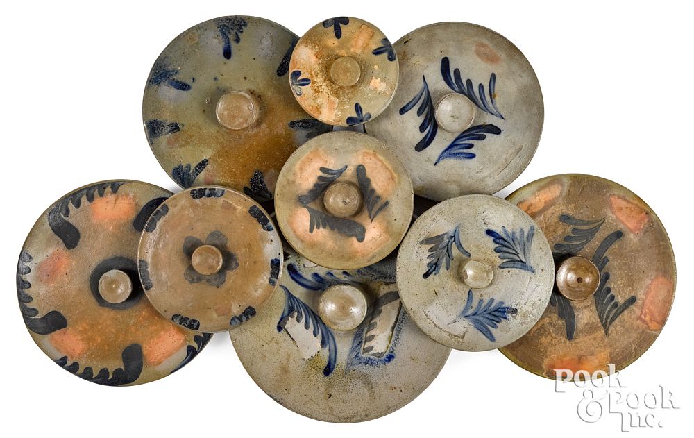 Appraisal: Collection of nine Mid-Atlantic stoneware lids Collection of nine Mid-Atlantic