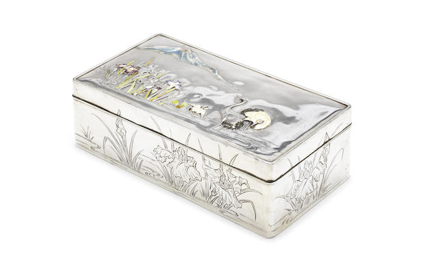 Appraisal: A Japanese Meiji period silver and enamelled silver cigarette box