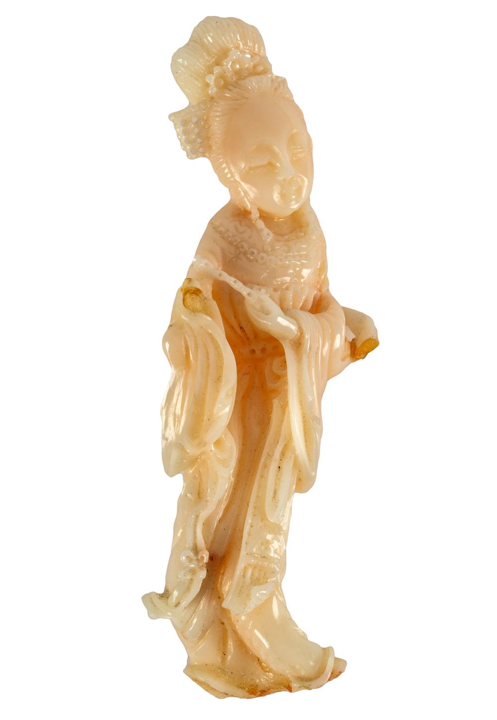 Appraisal: CHINESE CARVED CORAL GUAN YIN FIGUREapproximately grams Provenance The Kelton