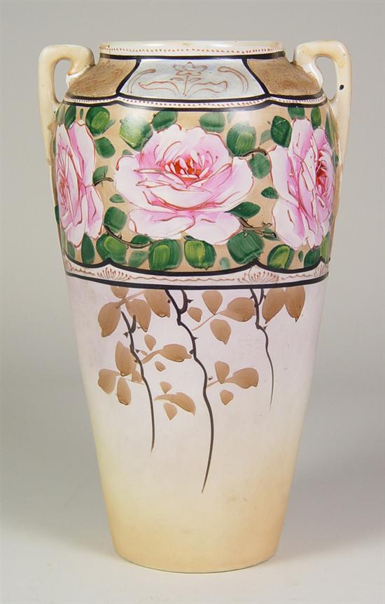 Appraisal: Hand Painted Nippon Vase Hand painted pink cabbage roses on