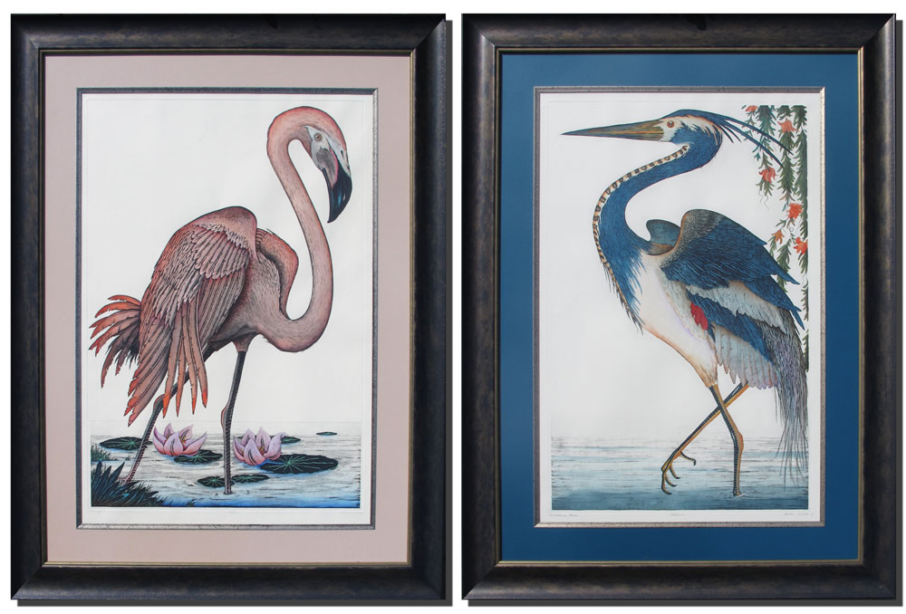 Appraisal: MITRA Dan American th C bird Etchings Louisiana Heron Flamingo