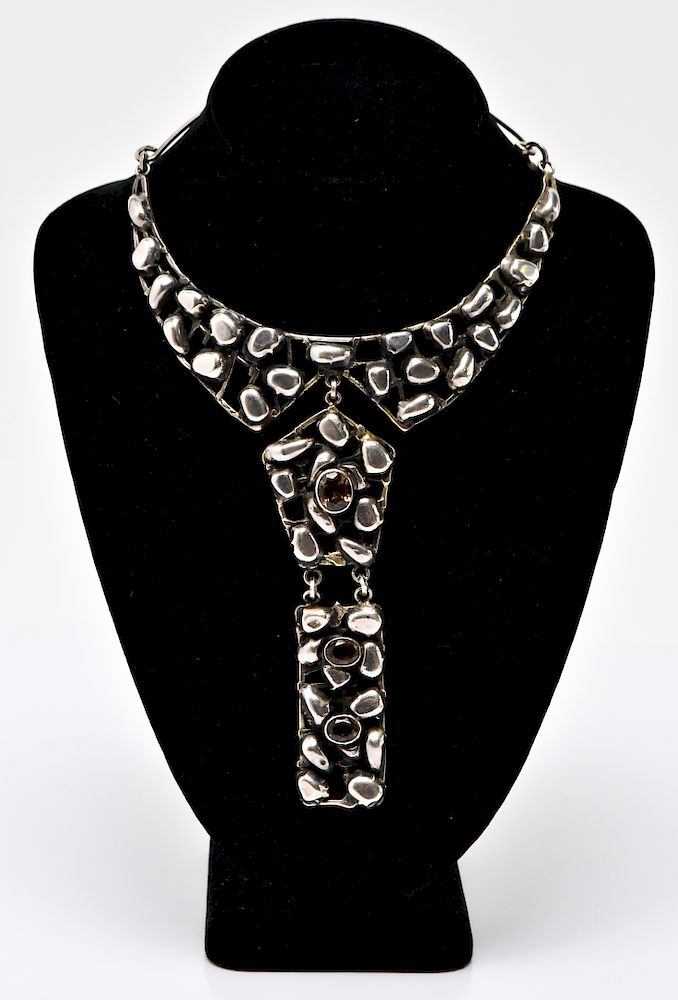 Appraisal: Brutalist Silver Necklace w Oval Cut Smoky Topaz Brutalist silver