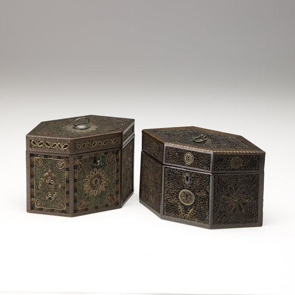 Appraisal: TWO ENGLISH ROLLED PAPER TEA CADDIES With elaborate decoration ca